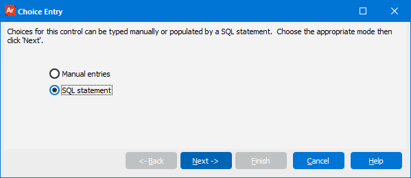 The Choice Entry dialog box used to specify if manual entries or SQL statements are to be used to populate an object.